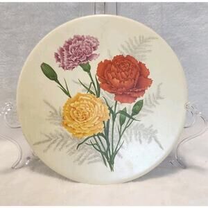 Vintage Mid Century Hyalyn Pottery Zinnia Floral Trivet Round Cork Back Hanging